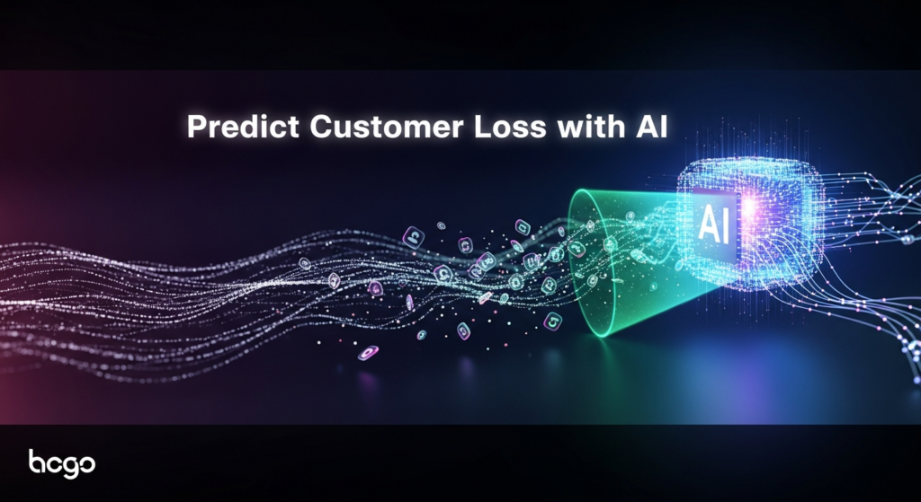 A dark-themed, wide banner image for a blog. The central focus is an abstract, glowing AI neural network core with blue and purple light. From it, data streams flow, one showing shimmering customer data points. A segment of this stream depicts some data points breaking away, representing customer churn, but a soft green-blue glow from the AI gently redirects them back, symbolizing churn prevention. The text 'Predict Customer Loss with AI' is overlaid in a modern, glowing sans-serif font. A subtle, monochrome website logo is in the bottom-left corner.