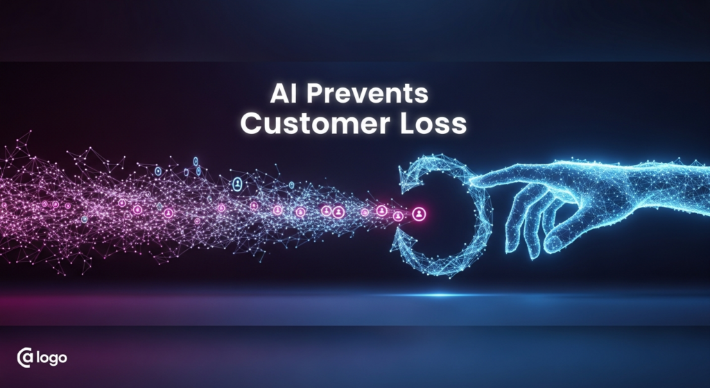 A dark, wide banner image showing an abstract representation of customer churn prediction using AI. Glowing blue and purple data streams, symbolizing customer data, are being gently intercepted and redirected by an ethereal, glowing AI network structure, preventing them from 'leaving' the frame. The background is a dark gradient with cinematic lighting and soft glow accents. The text 'AI Prevents Customer Loss' is overlaid in a glowing white sans-serif font. A subtle, monochrome website logo is placed in the bottom-left corner.