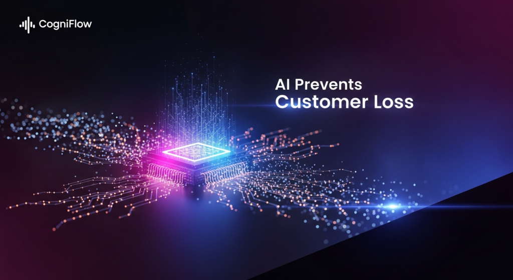 A dark-themed wide banner image for a blog post about AI churn prediction. An intricate, glowing blue and magenta AI neural network is centered, with flowing streams of data particles. The AI is depicted as actively redirecting some of the data streams away from a dark void, symbolizing the prevention of customer churn. The text 'AI Prevents Customer Loss' is overlaid in a modern, glowing white font. The 'CogniFlow' logo is subtly placed in the top-left corner.