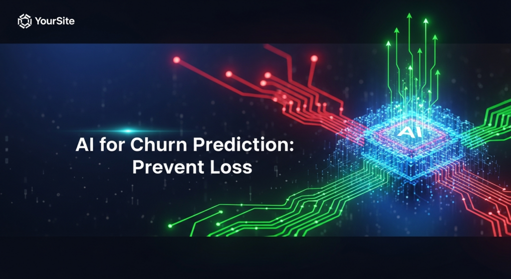 A dark, wide banner image showing a glowing, abstract AI neural network core. Luminous data pathways glow bright green upwards for customer retention and soft red downwards for churn, illustrating AI's influence. White text overlay reads 'AI for Churn Prediction: Prevent Loss'. A subtle website logo is in the top-left corner.