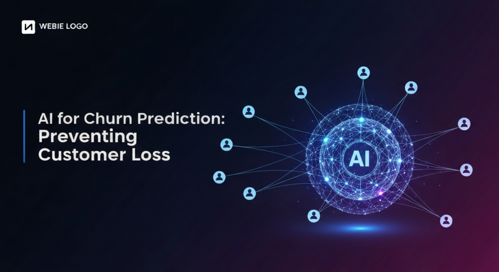A dark, wide banner illustration showing a glowing abstract AI neural network sphere at the center. Subtle light blue and purple tendrils extend from the AI, interacting with minimalist human-like data icons. Some icons appear to be moving away, while the AI's tendrils gently pull them back, symbolizing AI-driven customer churn prevention. The background is a dark gradient. Overlay text reads 'AI for Churn Prediction: Preventing Customer Loss'. A subtle website logo is in the top-left corner.