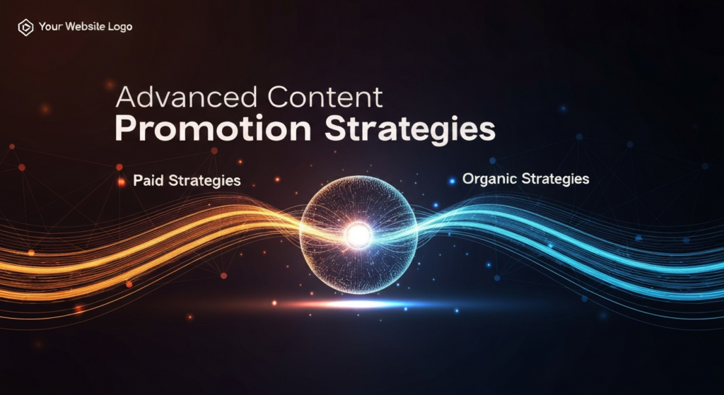 A dark, wide banner image featuring a central glowing digital sphere symbolizing content, with two distinct streams of light (orange for paid and blue for organic strategies) radiating outwards on a dark gradient background, illustrating advanced content promotion. The text 'Advanced Content Promotion Strategies' is overlaid with a subtle glow, and a monochrome website logo is in the top-left corner.