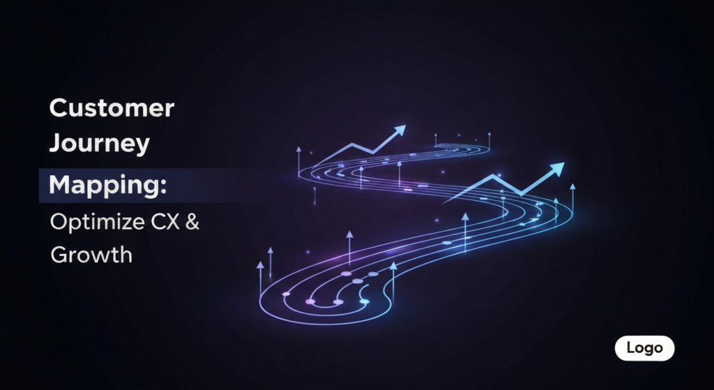 Abstract, glowing customer journey map illustration with a winding data path, blue and purple neon glow on a dark background, and text 'Customer Journey Mapping: Optimize CX & Growth'.
