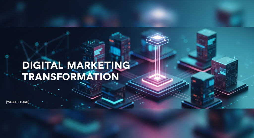 A dark, wide banner image showing a glowing, abstract 3D rendering of interconnected digital structures representing business strategy and digital marketing transformation. The central element emits a soft, modern tech glow against a deep gradient background. Text overlay reads 'Digital Marketing Transformation' in a sleek sans-serif font with a subtle highlight. A subtle website logo is in the bottom-left corner.