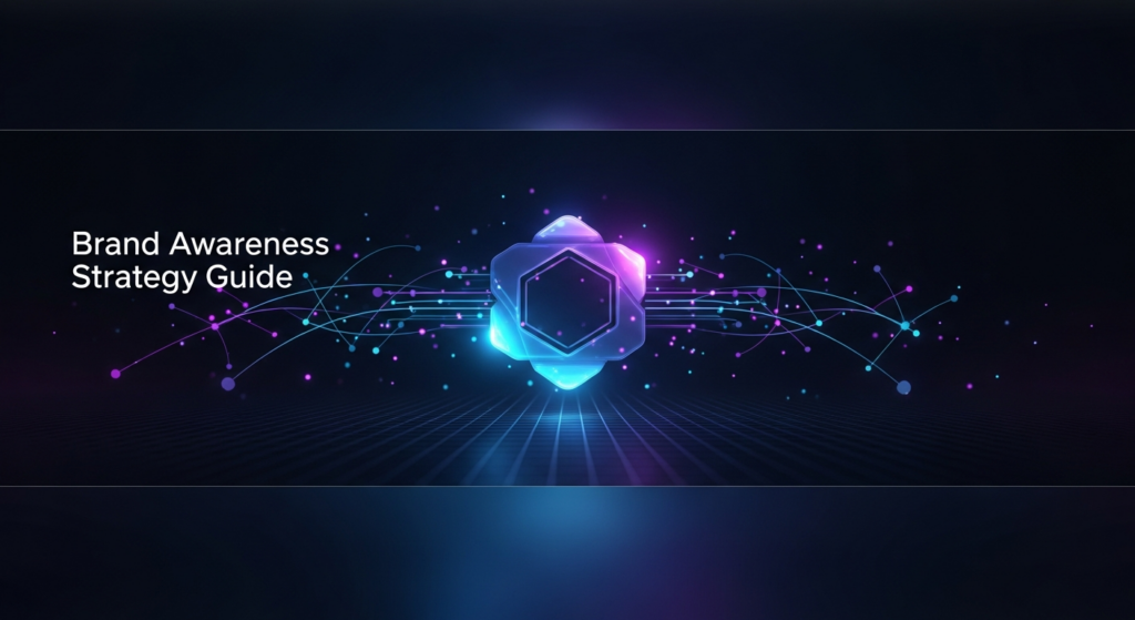 A dark, modern tech illustration for a brand awareness guide. A central glowing abstract symbol representing a brand emits soft, interconnected light trails and nodes, spreading across a deep, dark gradient background, conveying growth and strategic reach. The image features cinematic lighting with subtle neon glows, 'Brand Awareness Strategy Guide' text overlay with a subtle glow, and a website logo subtly placed in the bottom-left corner.