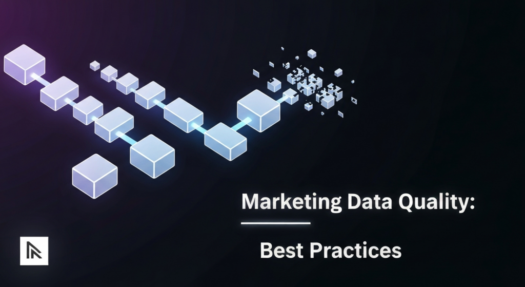 Abstract illustration of high-quality marketing data flowing cleanly, with subtle glowing elements. Fragmented data is filtered away on a dark, gradient background. The text 'Marketing Data Quality: Best Practices' glows in a modern sans-serif font. A subtle website logo is in the bottom-left corner. Represents data accuracy and cleansing for marketing success.