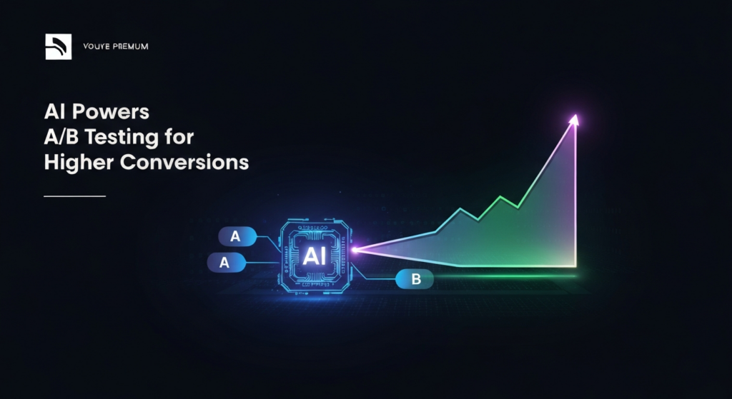 A dark-themed digital illustration showing a glowing AI neural network analyzing two diverging data streams labeled 'A' and 'B', which then merge into an upward-trending conversion graph, with the optimized path highlighted. The text overlay reads 'AI Powers A/B Testing for Higher Conversions'. A subtle website logo is in the top-left corner.