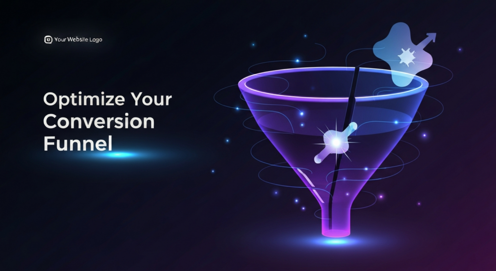 A dark-themed, modern illustration of a glowing blue and purple conversion funnel with abstract data streams flowing through it. A 'leak' in the funnel is being visibly patched by a soft, glowing element, symbolizing the concept of conversion funnel optimization. The image features cinematic lighting, subtle glow accents, and overlay text that reads 'Optimize Your Conversion Funnel'. A subtle website logo is in the top-left corner.