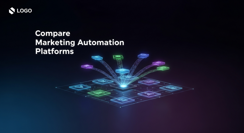 A dark-themed, futuristic illustration showing a glowing, holographic comparison matrix at the center, with interconnected nodes and data streams representing different marketing automation platforms. The background is a deep dark gradient with subtle blue and purple hues. Overlay text reads 'Compare Marketing Automation Platforms' in a glowing modern sans-serif font. A subtle logo is in the top-left corner.
