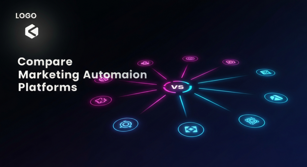 A dark, high-contrast digital illustration comparing marketing automation platforms. Multiple abstract, glowing data streams converge on a central analytical hub within a futuristic console. The image features cinematic lighting with neon blue and magenta accents, a dark gradient background, and the text 'Compare Marketing Automation Platforms' in a glowing sans-serif font. A subtle monochrome logo is in the top-left corner.