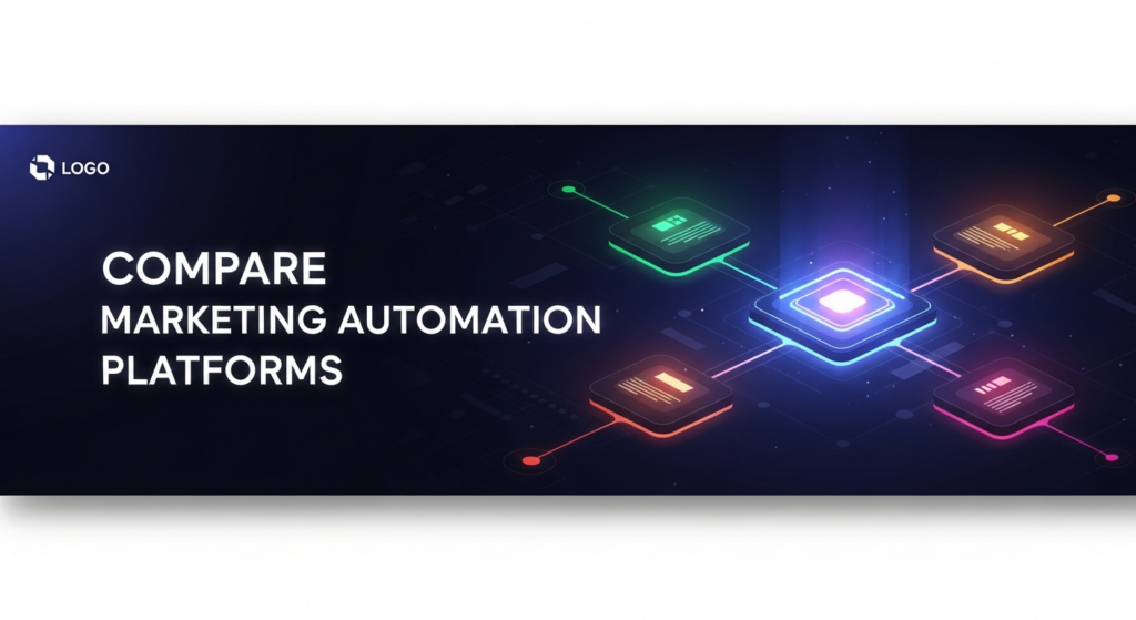 A dark, wide banner image showing a glowing, futuristic data hub at the center with multiple distinct, colored light pathways branching out, symbolizing the comparison and choice between different marketing automation platforms. The image features a modern tech illustration style with cinematic lighting, neon blue and purple glow accents, and a dark gradient background. Overlay text reads 'COMPARE MARKETING AUTOMATION PLATFORMS' in a clean, glowing sans-serif font. A subtle website logo is in the top-left.