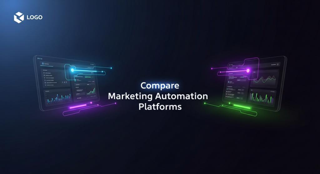 A dark themed, high-contrast banner image showing two abstract, glowing digital dashboards or platform interfaces, connected by subtle data streams, symbolizing the comparison of marketing automation platforms. The background is a deep gradient. Text overlay reads 'Compare Marketing Automation Platforms'. A subtle website logo is in the top-left corner.