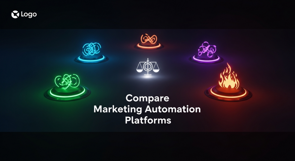 A dark-themed, minimalist banner image for a blog comparing marketing automation platforms. It features several glowing, abstract data nodes in distinct neon colors converging on a central, softly illuminated comparison icon, symbolizing the evaluation of different tech solutions. The image has a clean, high-tech illustration style with cinematic lighting. Overlay text reads 'Compare Marketing Automation Platforms'. A subtle logo is in the top-left corner.