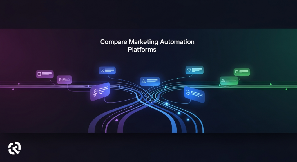 An abstract, dark-themed digital interface featuring glowing data streams that diverge and converge, symbolizing the comparison of different marketing automation platforms. The image has a futuristic and minimalist aesthetic with cinematic lighting and neon accents. Text overlay reads 'Compare Marketing Automation Platforms'. A subtle, softly glowing logo is in the bottom-left corner.