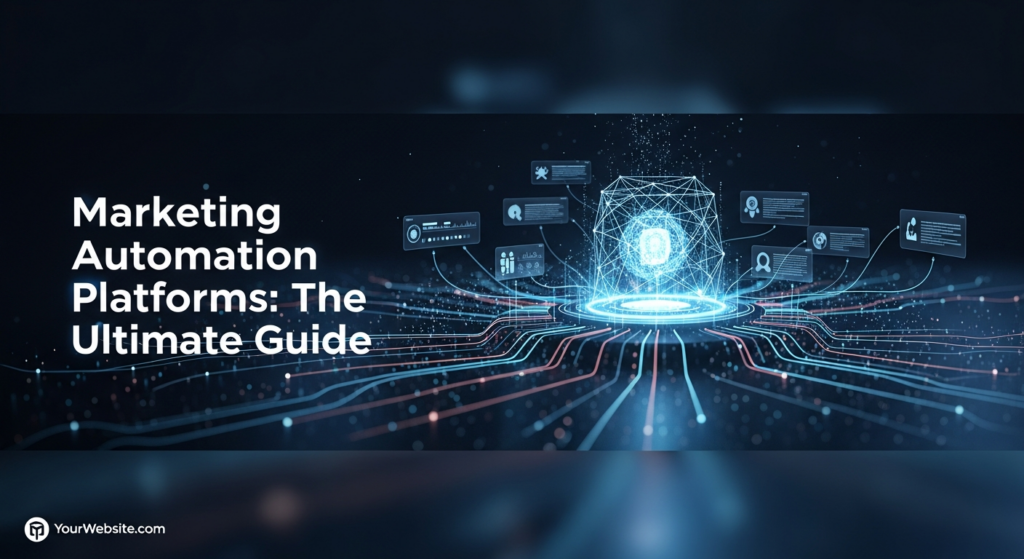 A dark, futuristic illustration depicting the comparison of marketing automation platforms. A central glowing holographic interface serves as a hub, with multiple distinct data streams flowing towards and away, symbolizing analysis. The background is a deep blue-to-black gradient, featuring cinematic high-contrast lighting and neon glows. The text 'Marketing Automation Platforms: The Ultimate Guide' is overlaid centrally with a subtle glow, and a 'YourWebsite.com' logo is subtly placed in the bottom-left corner.