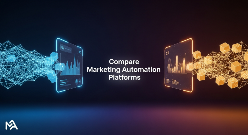 An abstract, dark-themed digital illustration showing two distinct glowing data streams or geometric elements, representing marketing automation platforms, being compared on a central holographic interface. The image features cinematic lighting with neon and soft glow accents against a dark gradient background. The text 'Compare Marketing Automation Platforms' is overlaid in a modern sans-serif font. A subtle website logo is in the bottom-left corner.