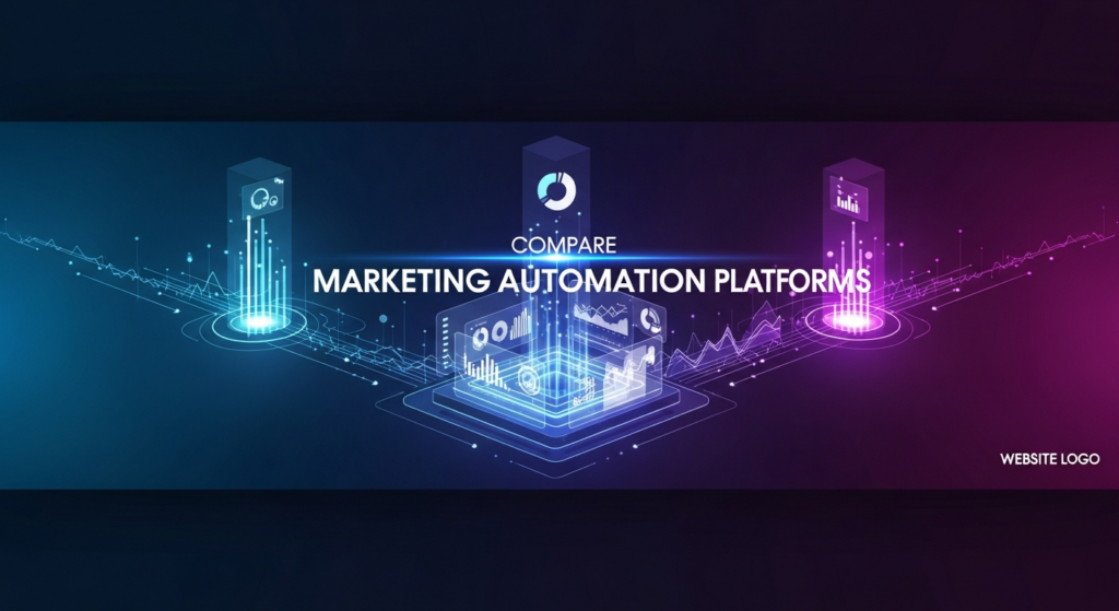 A dark-themed, high-tech illustration for a blog post comparing marketing automation platforms. It features a glowing digital interface with multiple neon data streams or holographic pillars converging towards a central analytical core, symbolizing the comparison and analysis of different software solutions. The image has a wide banner composition, cinematic lighting, and a prominent text overlay 'Compare Marketing Automation Platforms'. A subtle website logo is in the bottom right corner.
