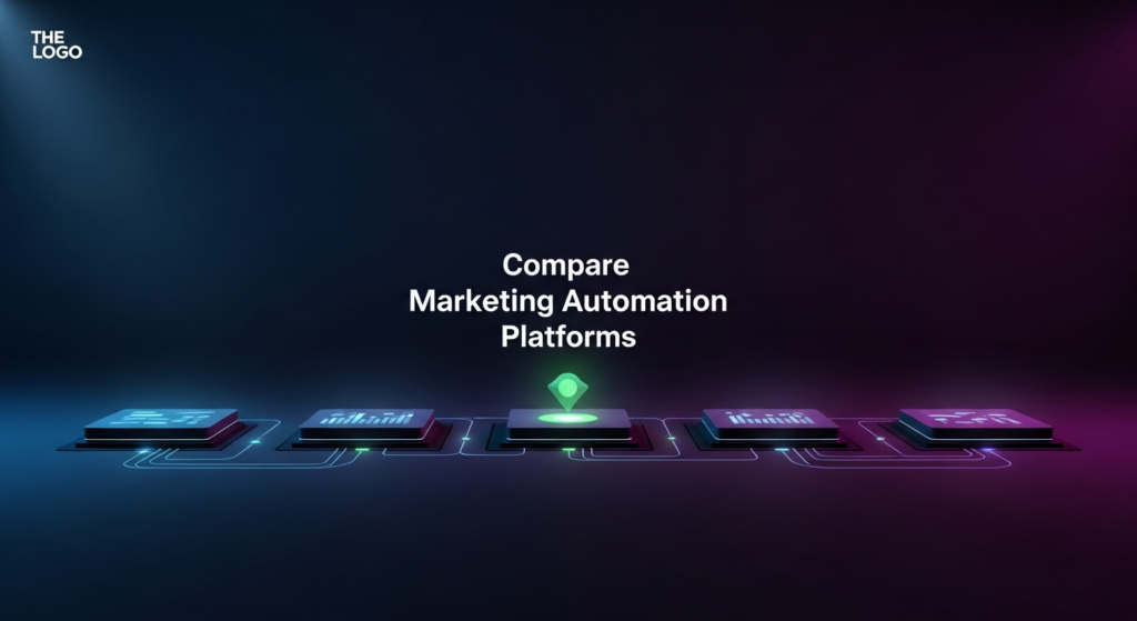 A dark-themed, minimalist digital illustration showing several glowing abstract data platforms interconnected by subtle lines, with a central, brighter node symbolizing analysis and comparison. The text overlay reads 'Compare Marketing Automation Platforms'. The image is designed as a wide banner for a dark-mode website.