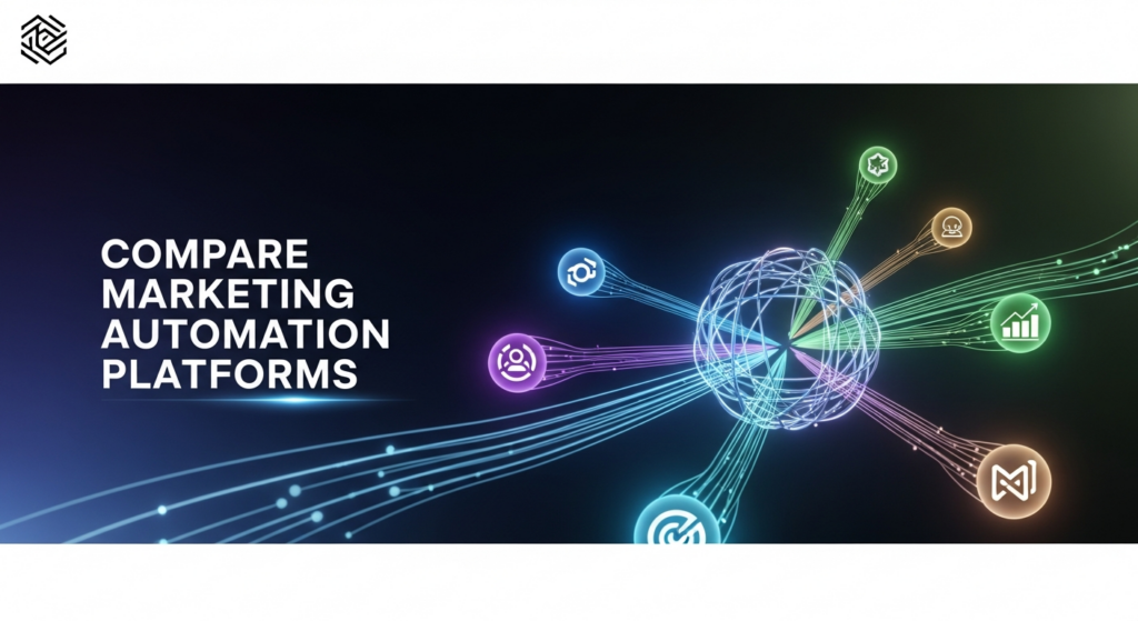 A dark, wide banner image showing a futuristic, glowing abstract graphic representing the comparison of multiple marketing automation platforms. Several distinct, color-coded data streams or light trails converge on a central holographic core, symbolizing analysis and selection. The text 'Compare Marketing Automation Platforms' glows subtly above the graphic. A monochrome website logo is in the top-left corner. The image has a dark gradient background, cinematic lighting, and neon accents, giving it a modern, high-tech, and minimal feel.