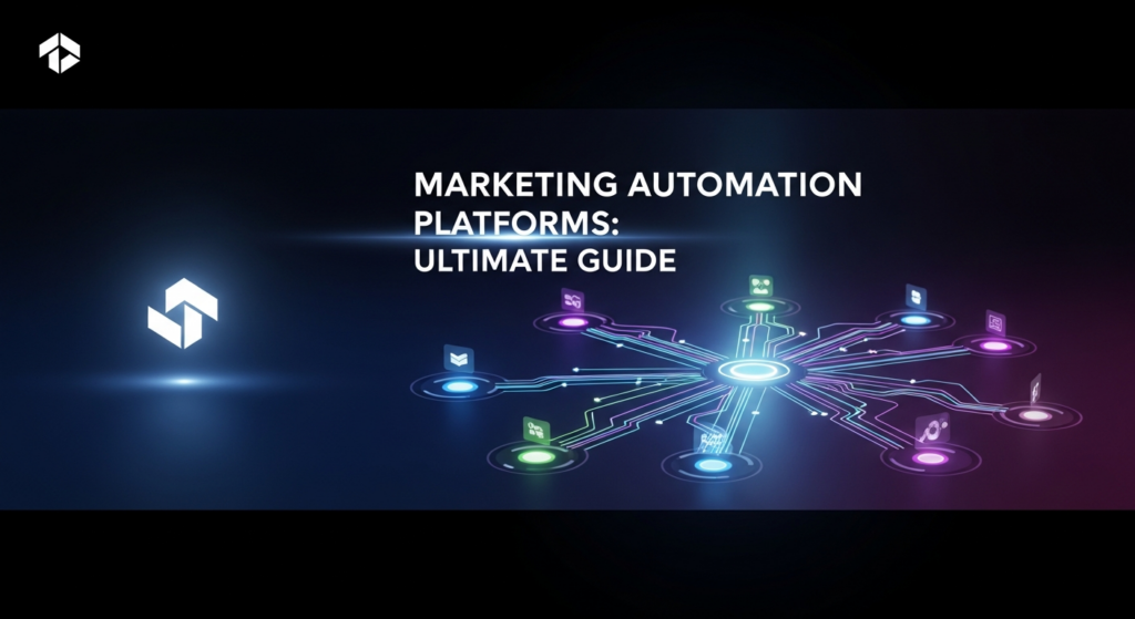 A dark-themed, futuristic digital illustration for a blog comparing marketing automation platforms. The image features a central glowing, abstract comparison interface with multiple illuminated data streams diverging, each representing a different platform choice. A high-contrast text overlay reads 'Marketing Automation Platforms: Ultimate Guide' with a subtle glow. A minimalist logo is subtly placed in the top-left corner. The style is modern tech with cinematic lighting, neon accents, and a dark gradient background, conveying comparison and guidance.