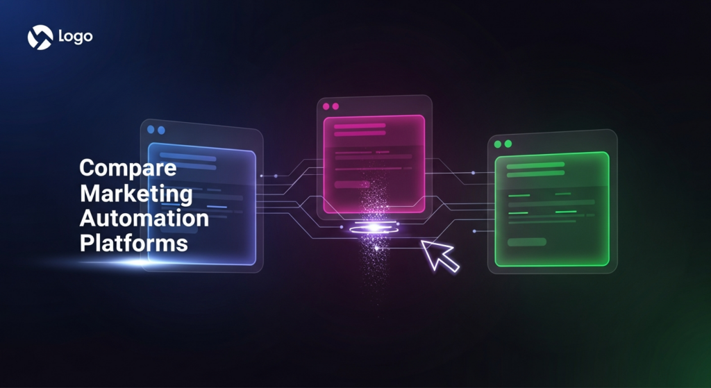 A dark-themed modern tech illustration depicting the comparison of marketing automation platforms. Three abstract, glowing digital data modules in blue, magenta, and green are interconnected by luminous lines, with a central glowing cursor analyzing them against a deep gradient background. The text 'Compare Marketing Automation Platforms' glows in a modern sans-serif font, and a subtle website logo is in the top-left corner.