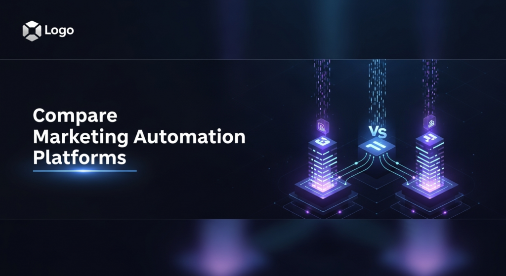 A dark-themed, futuristic digital illustration for a blog post comparing marketing automation platforms. The image features a central glowing abstract interface with two distinct data pathways representing different platforms. Soft neon blue and purple lights illuminate the scene, set against a dark gradient background. The text 'Compare Marketing Automation Platforms' is overlaid, and a subtle website logo is in the top-left corner.