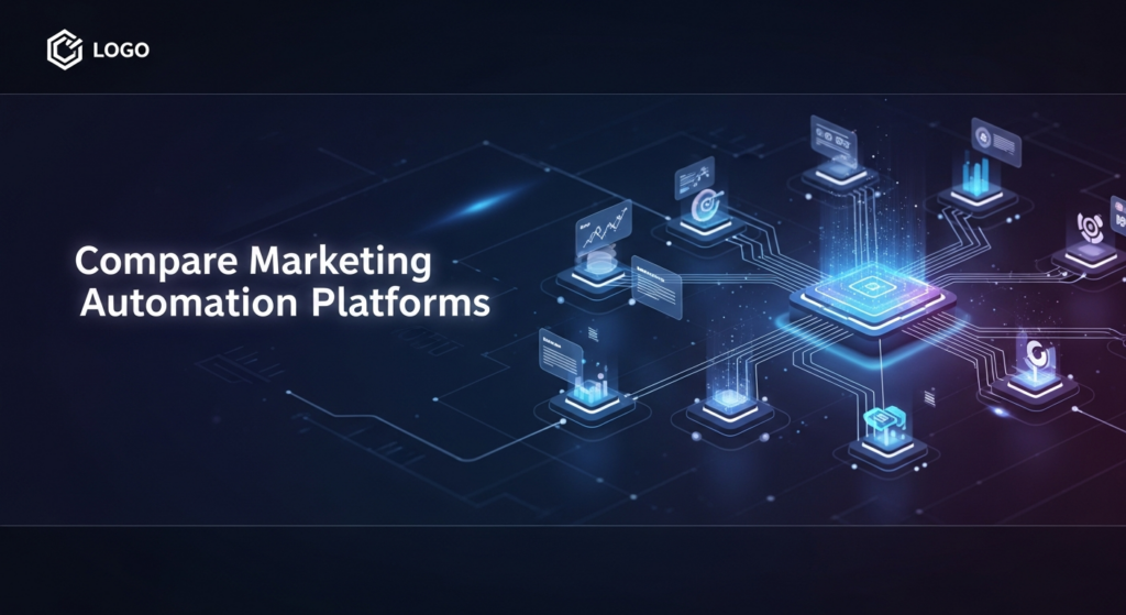 A dark, high-contrast digital illustration of a glowing central hub with multiple interconnected data streams and pathways representing different marketing automation platforms, set against a dark gradient background. The text 'Compare Marketing Automation Platforms' glows in a modern sans-serif font. A subtle website logo is in the top-left corner. The image conveys the concept of choice and comparison within tech solutions, suitable for a blog about marketing automation platforms.