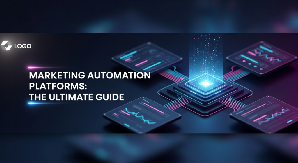A dark, futuristic digital dashboard illustrating the comparison of marketing automation platforms. Multiple glowing data streams in blue, green, and purple hues converge towards a central analytical core, symbolizing choice and data flow in a high-tech, uncluttered environment. The image features cinematic lighting, subtle neon highlights, and a clean, professional design. Text overlay reads 'Marketing Automation Platforms: The Ultimate Guide' with a glowing effect.
