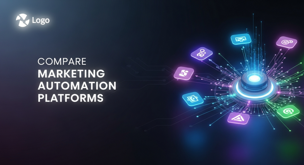 Abstract digital illustration on a dark theme, showing a glowing central hub comparing multiple marketing automation platforms, represented by interconnected and color-coded data streams or nodes. The image features cinematic lighting, neon glow accents, and the text 'Compare Marketing Automation Platforms' with a subtle glow, and a monochrome website logo in the top-left corner.