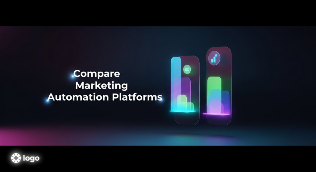 A dark, futuristic digital interface displaying an abstract comparison graph for marketing automation platforms, highlighted with neon glows. The text 'Compare Marketing Automation Platforms' is overlaid, with a subtle logo in the corner.