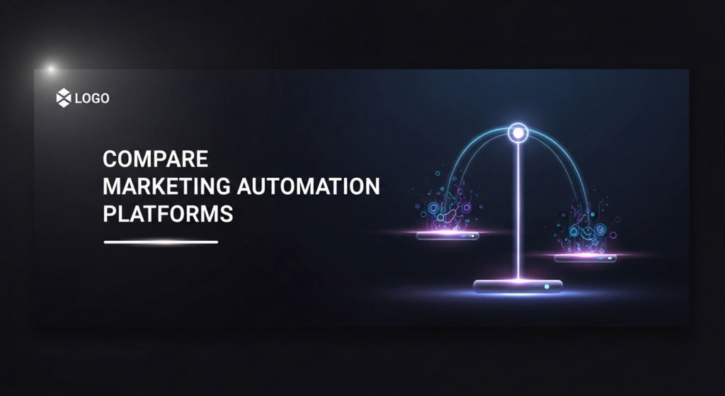 A dark, high-contrast featured image showing an abstract, glowing digital balancing scale. Two distinct, illuminated platforms, connected by an arcing light beam, symbolize the comparison of marketing automation platforms. Subtle neon data flows emanate from each side against a deep gradient background. White text 'Compare Marketing Automation Platforms' is centered. A subtle website logo is in the top-left corner. The style is modern tech illustration, professional, and minimal.