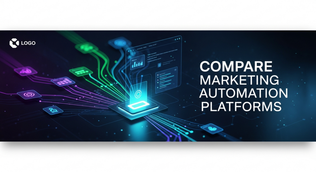 An abstract digital illustration in a dark theme, depicting multiple glowing data streams converging at a central luminous panel, symbolizing the comparison and selection of marketing automation platforms. The text 'COMPARE MARKETING AUTOMATION PLATFORMS' is overlaid, with a subtle logo in the top-left corner.