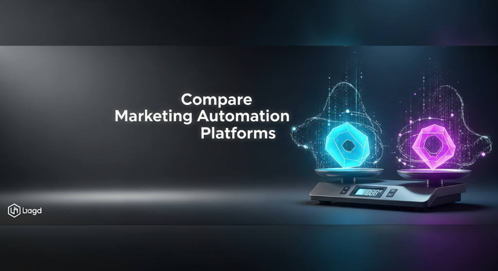 A minimalist, dark-themed digital illustration for a blog post. In the center, a glowing futuristic weighing scale balances two distinct abstract forms, representing different marketing automation platforms being compared. Subtle data flows around the scale against a dark, cinematic gradient background with neon blue and purple glow accents. The text 'Compare Marketing Automation Platforms' is overlaid in a modern glowing sans-serif font. A subtle brand logo is in the bottom-left corner.