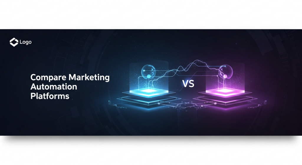 A dark-themed, wide banner image showing two distinct, glowing digital platforms or data nodes side-by-side, connected by subtle analytical lines, against a deep gradient background. The text 'Compare Marketing Automation Platforms' is overlaid with a subtle glow, and a monochrome logo is in the top-left corner. The style is modern tech illustration with cinematic lighting, representing the comparison of marketing automation platforms.