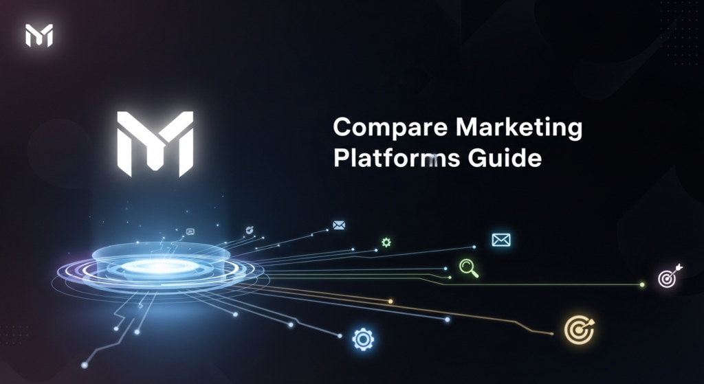A dark-themed digital illustration for a blog featured image. A futuristic, glowing holographic interface at the center displays multiple marketing automation platforms as distinct, abstract data streams, symbolizing comparison and choice. The title 'Compare Marketing Automation Platforms Guide' is overlaid in a modern, glowing sans-serif font. A subtle website logo is in the top-left corner. The background is a dark gradient with cinematic lighting and neon highlights, minimal and uncluttered.