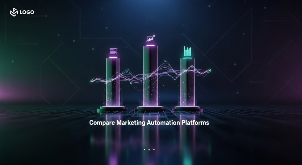 A dark-themed, ultra-minimalist banner image for a blog post. Three glowing, abstract data pillars represent different marketing automation platforms, with glowing lines connecting them to symbolize comparison and analysis. The image has cinematic lighting with neon blue and purple accents on a deep dark gradient background. The text "Compare Marketing Automation Platforms" is centered below the main graphic. A subtle website logo is in the top-left corner.