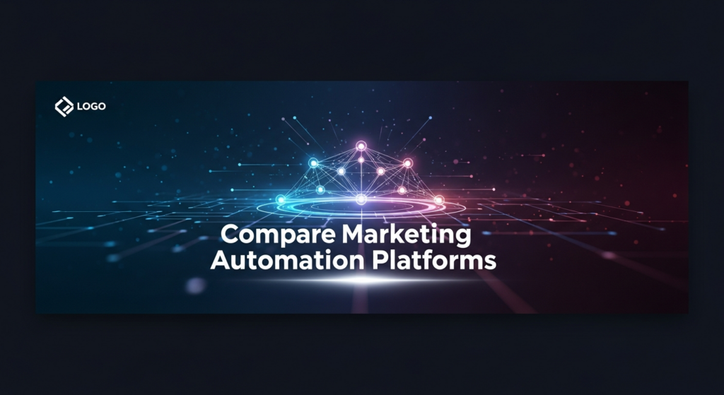 A dark, wide banner image featuring a central, glowing abstract digital interface with interconnected nodes and radiating light pathways, symbolizing the comparison and evaluation of various marketing automation platforms. The background is a deep gradient with subtle data streams, creating a sophisticated tech aesthetic. The text 'Compare Marketing Automation Platforms' is prominently displayed in a glowing modern sans-serif font. A subtle website logo is placed in the top-left corner.