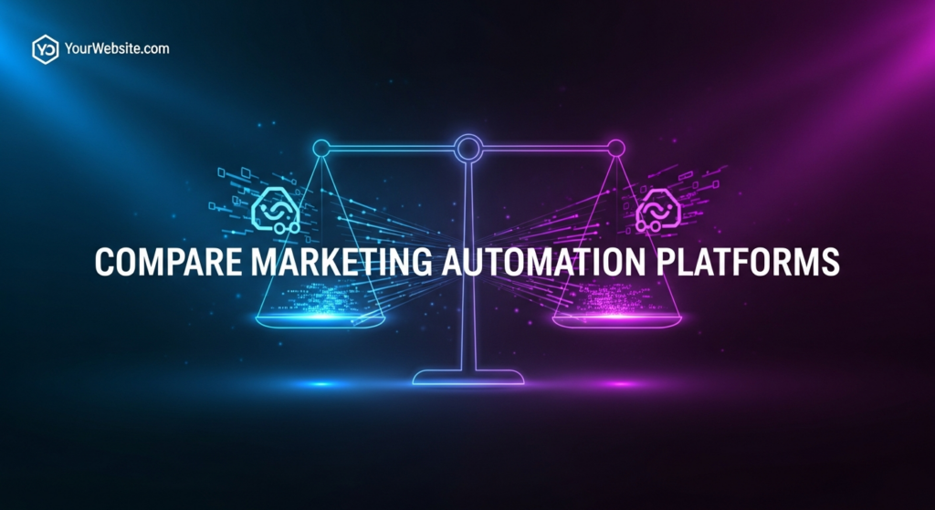 A dark-themed, high-contrast image featuring an abstract, glowing digital scale balancing two distinct streams of data or platform symbols, representing a comparison of marketing automation platforms. The text 'Compare Marketing Automation Platforms' glows above, and a website logo is subtly placed in the top-left corner. The background is a deep blue-purple gradient with cinematic lighting, creating a modern, professional tech aesthetic.