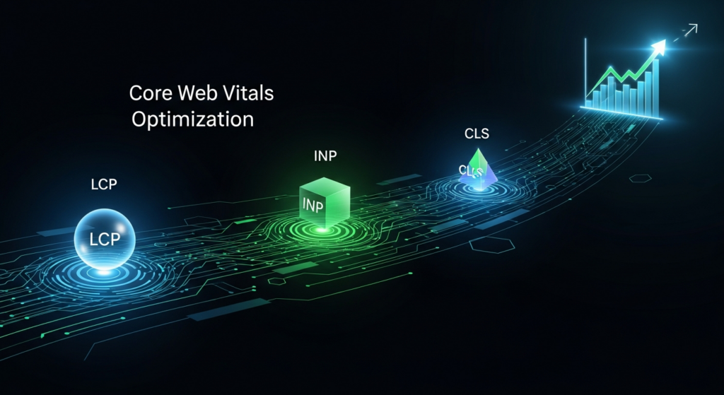 A dark-themed, wide banner blog image featuring a glowing, upward-trending digital path representing Core Web Vitals optimization. Three softly illuminated markers along the path symbolize LCP, INP, and CLS, leading to an optimized performance graph icon. The text 'Core Web Vitals Optimization Guide' is centered, with a subtle glow. A monochromatic website logo is subtly placed in the top-left corner.