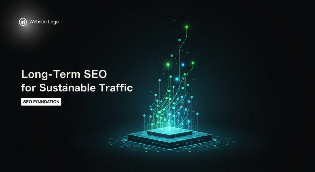 A dark, wide banner blog image featuring an abstract, glowing digital structure with interconnected nodes and lines, symbolizing the long-term growth of organic traffic from an SEO foundation. The image uses cinematic lighting, subtle neon highlights, and includes the text 'Long-Term SEO for Sustainable Traffic' in a glowing modern sans-serif font.