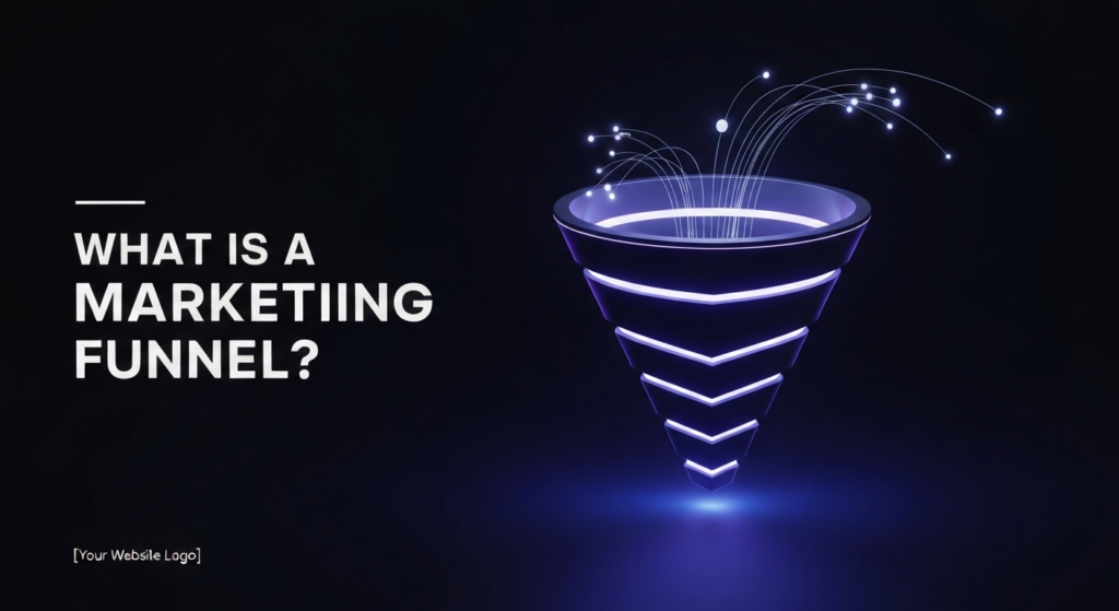 A modern, dark-themed digital illustration of a marketing funnel with glowing blue and purple neon accents, representing customer conversion. The text overlay reads 'WHAT IS A MARKETING FUNNEL?'.