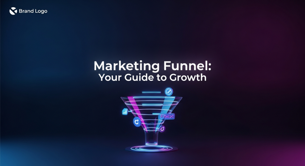 A modern, dark-themed digital illustration of a stylized marketing funnel glowing with neon blue and purple light, set against a deep gradient background. The text overlay reads 'Marketing Funnel: Your Guide to Growth'. The image represents the stages of customer journey and business growth in a high-tech, professional style for a dark-mode website.