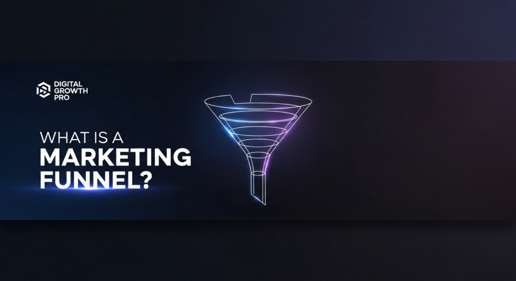A dark-themed, modern illustration of a marketing funnel. The glowing, abstract funnel, with subtle internal stages and a downward flow, is centered against a deep gradient background. A prominent white text overlay reads 'What is a Marketing Funnel?'. The 'Digital Growth Pro' logo is subtly placed in the top-left corner. The image uses cinematic lighting with neon glow accents, conveying a professional, high-tech, and minimalist feel suitable for a blog featured image.