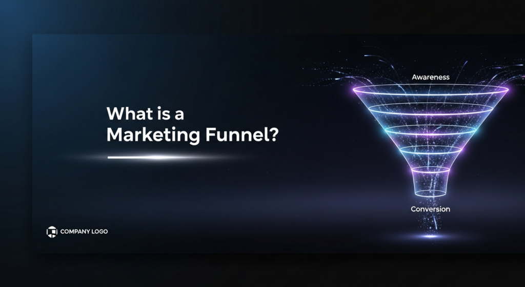 A wide banner image showing a sleek, abstract marketing funnel glowing with neon blue and purple light against a dark, gradient background. Data particles flow downwards through the funnel, symbolizing the conversion process. The text 'What is a Marketing Funnel?' is prominently displayed in a modern sans-serif font with a subtle glow. A small, monochrome company logo is subtly placed in the bottom-left corner.