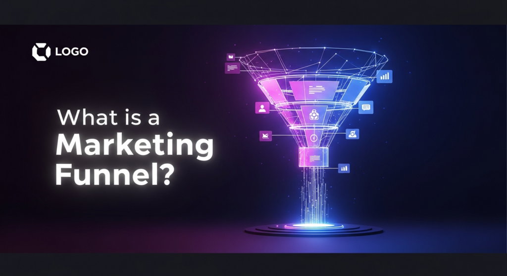 A glowing, abstract marketing funnel illustration on a dark blue-purple gradient background, symbolizing growth and conversion. The funnel is made of connected luminous shapes, guiding a stream of light downwards. Overlaid text reads 'What is a Marketing Funnel?' in a glowing white sans-serif font. A subtle, monochrome website logo is placed in the top-left corner. The image uses cinematic lighting and a minimalist, modern tech aesthetic suitable for a dark-mode website.