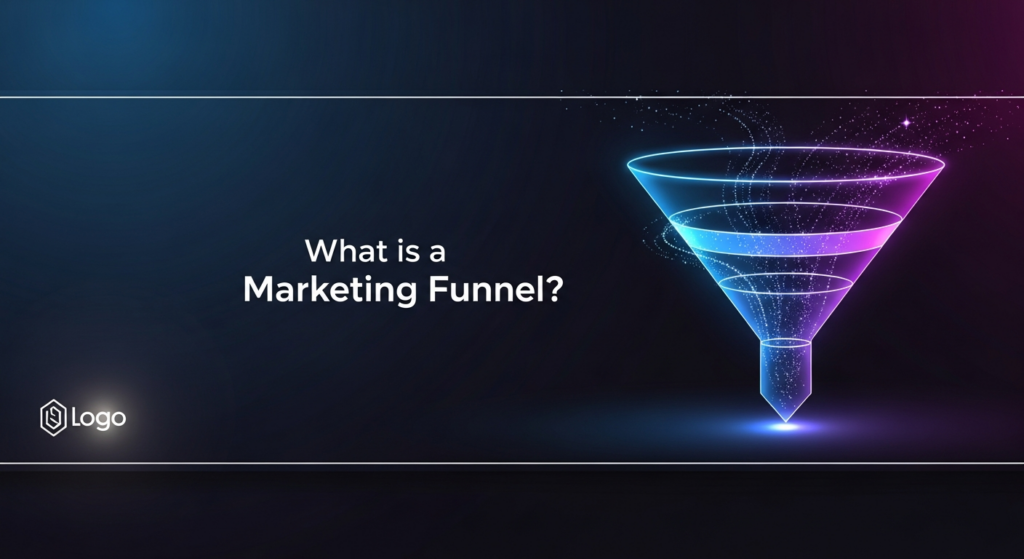 A minimalist, dark-themed illustration of a glowing, abstract marketing funnel, depicted as a downward-pointing cone with subtle light particles flowing through it. The background is a deep, cinematic gradient. The text 'What is a Marketing Funnel?' appears in a glowing sans-serif font. A subtle website logo is in the corner. Designed for a dark-mode website.