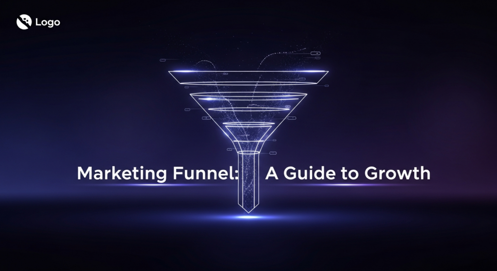A dark-themed banner image featuring a glowing, abstract marketing funnel illustration with descending lines and geometric shapes, symbolizing growth. The text overlay reads 'Marketing Funnel: A Guide to Growth' in a modern sans-serif font with a subtle glow. A monochrome website logo is subtly placed in the top-left corner on a deep, dark gradient background with cinematic lighting.