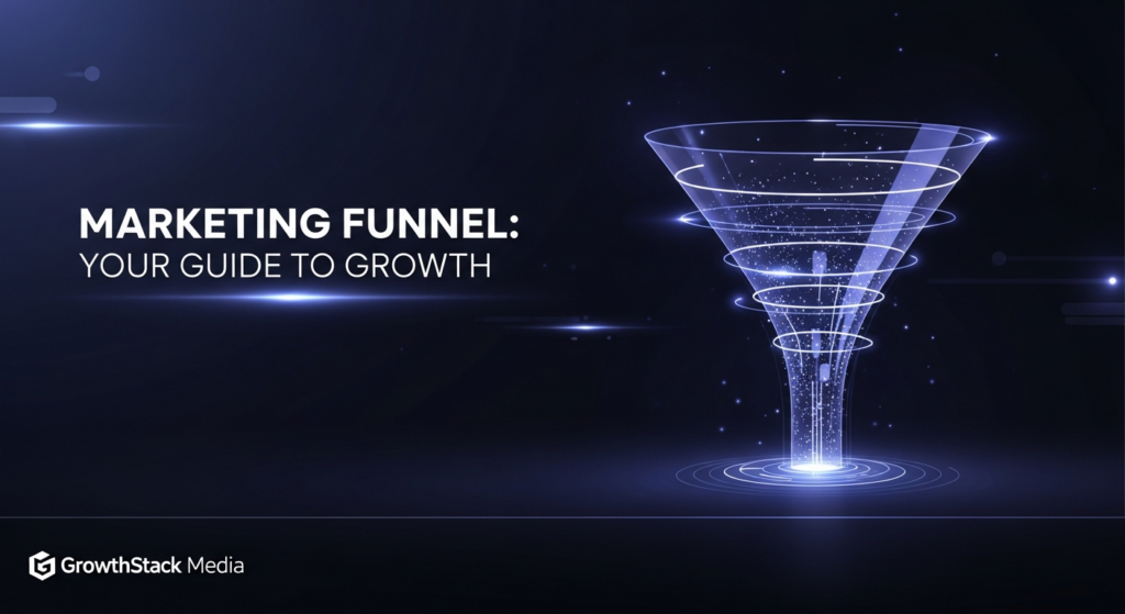 A dark, wide banner image featuring a sleek, abstract illustration of a marketing funnel. The funnel glows with soft blue and purple light, showing a clear downward flow of data or leads. The text 'MARKETING FUNNEL: YOUR GUIDE TO GROWTH' is prominently displayed in glowing white text above the funnel. A subtle 'GrowthStack Media' logo is in the bottom-left corner. The background is a dark gradient with minimal light streaks, creating a modern, high-tech, and professional look suitable for a dark-mode website.