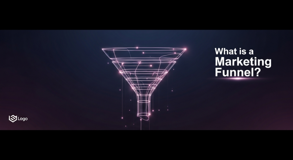 An abstract, glowing marketing funnel illustration against a dark, gradient background. The funnel is composed of luminous lines and light streams, symbolizing customer journey and growth, with a modern, high-contrast aesthetic. Text overlay in the top-right reads 'What is a Marketing Funnel?'. A subtle website logo is in the bottom-left corner.