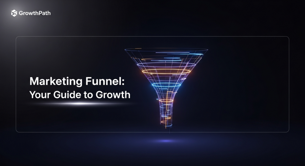 A dark-themed, wide banner blog featured image illustrating a glowing, minimalist marketing funnel. The funnel, depicted with soft blue, purple, and gold neon light accents, narrows from top to bottom against a deep, dark gradient background. The text overlay reads 'Marketing Funnel: Your Guide to Growth' in a modern, glowing sans-serif font. A subtle website logo is in the top-left corner. The image uses cinematic, high-contrast lighting for a professional, tech-inspired look, representing digital growth and conversion.